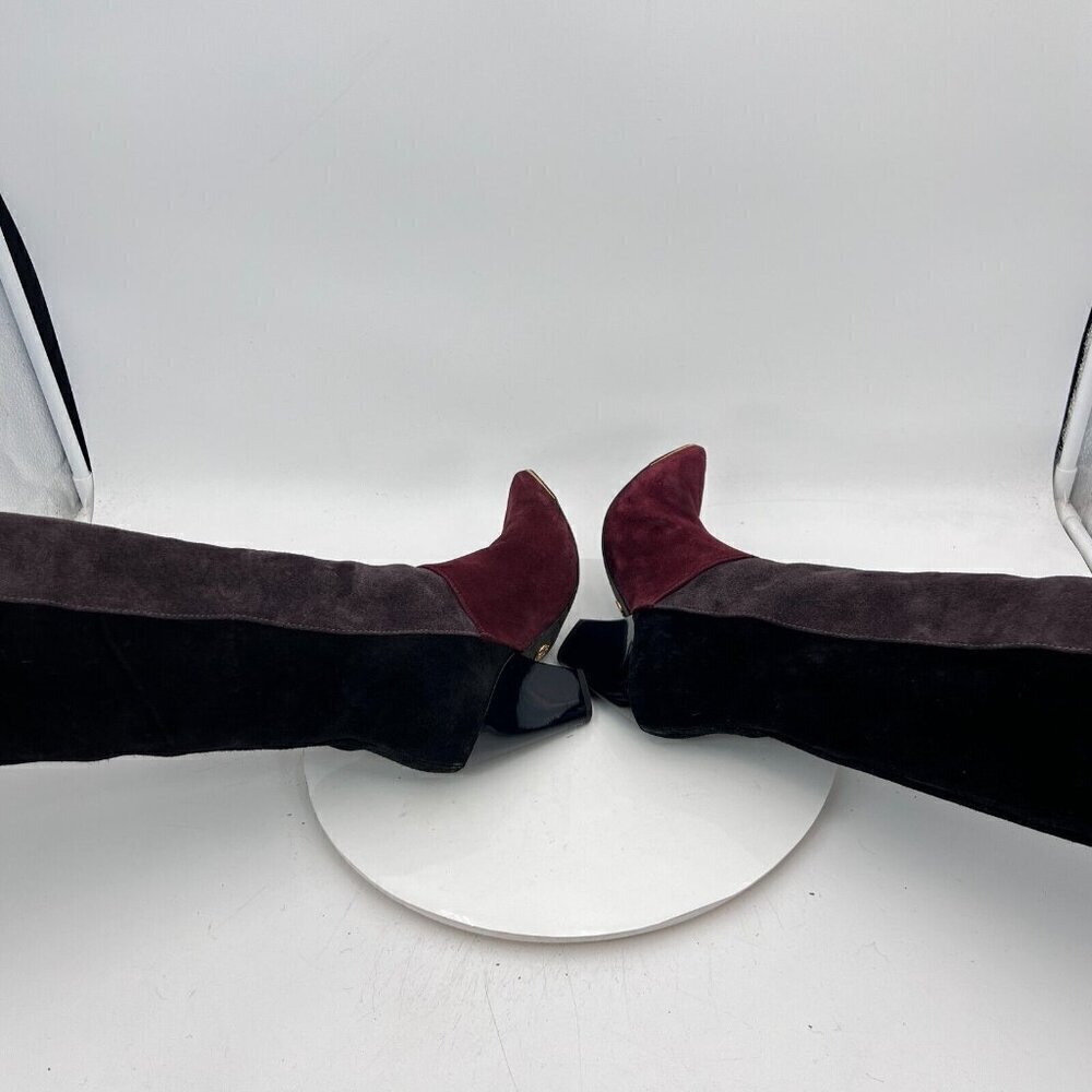 Tory Burch Lila 90mm Women Size 6M Burgundy Grey Black Suede Knee High Boots - Picture 6 of 15